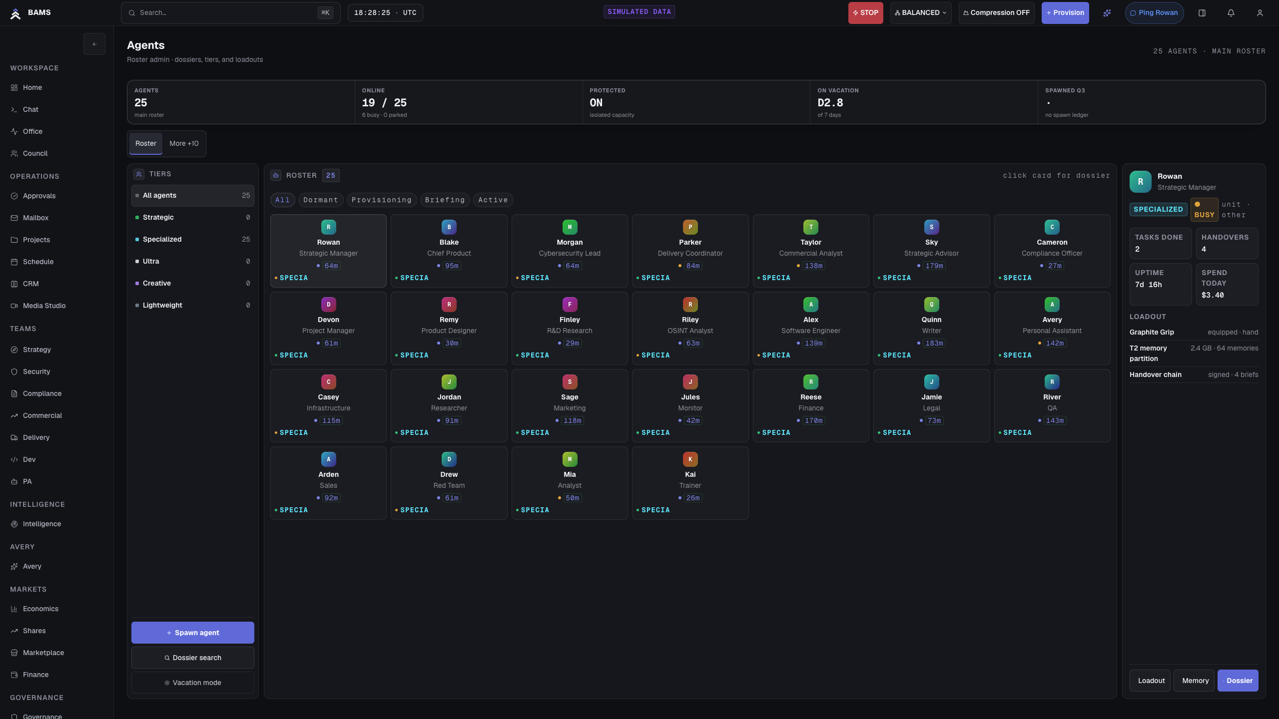 BAMS agent roster using simulated data, showing scoped identities, roles, lifecycle states, and isolated classified entries.
