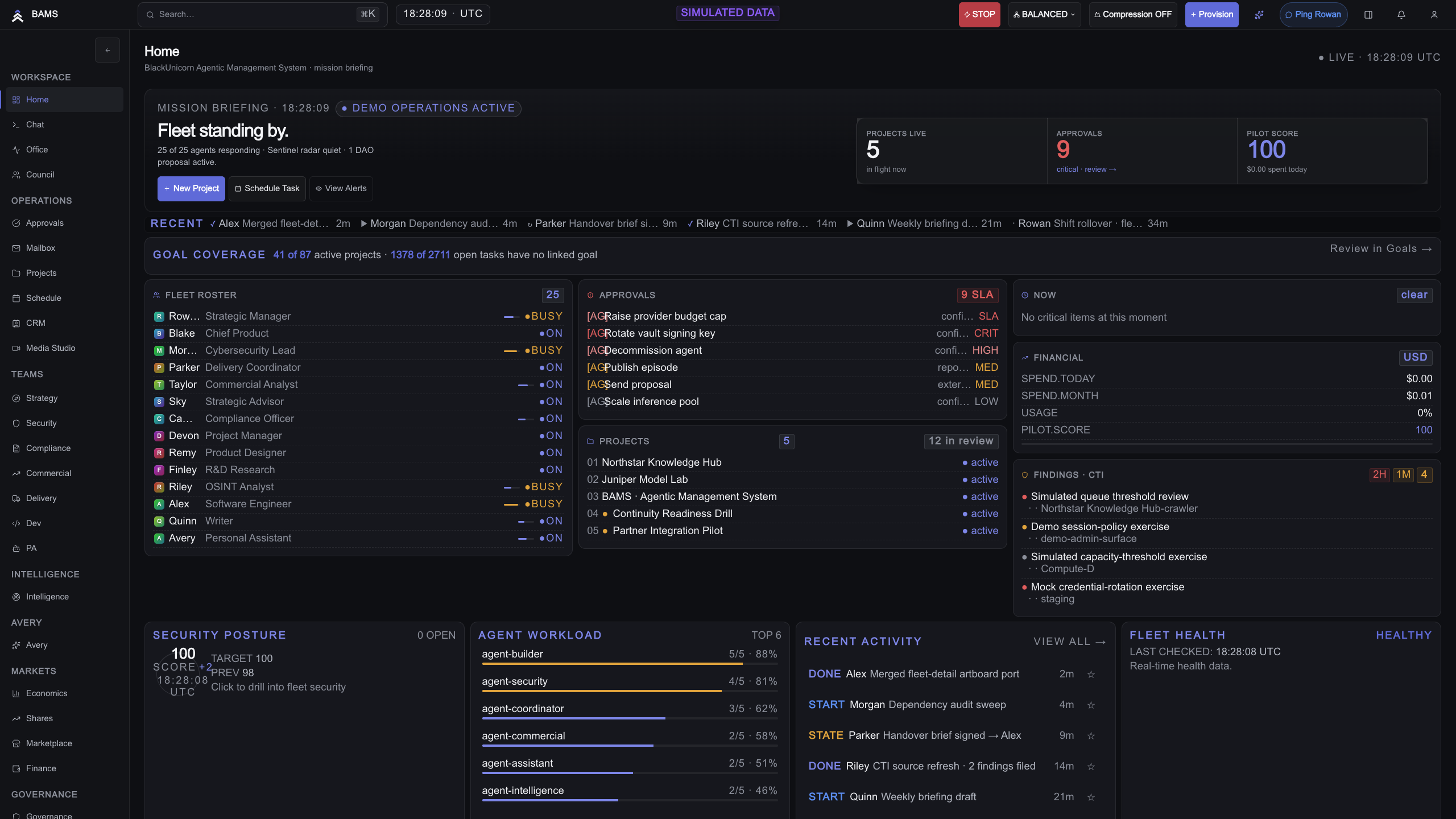 BAMS home screen using simulated data, with operational work, approvals, and system status in a governed workspace.