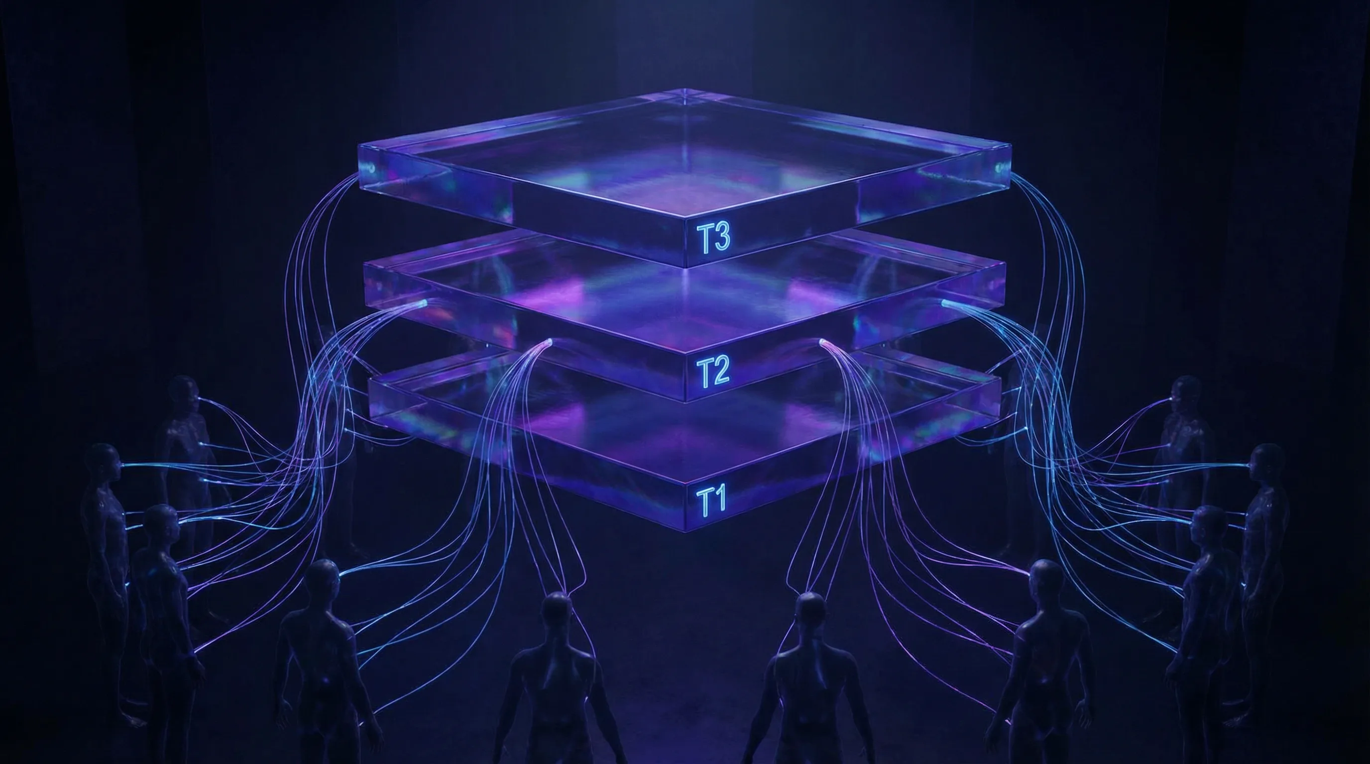 Trois couches de mémoire translucides représentant une architecture de mémoire agentique